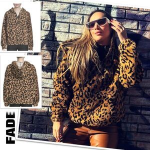 FADE Junior Leopard Print Half-Zip Faux Sherpa Hoodie, Size Large